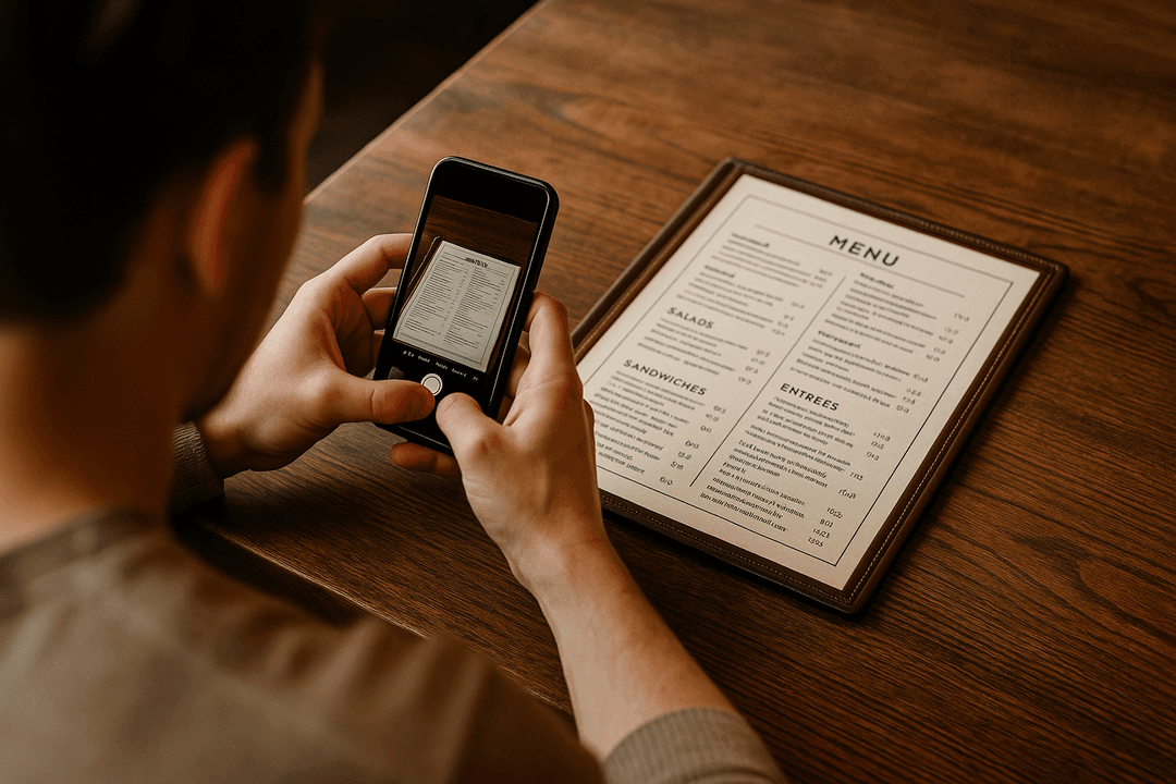 Personne scannant un menu avec son téléphone dans un restaurant